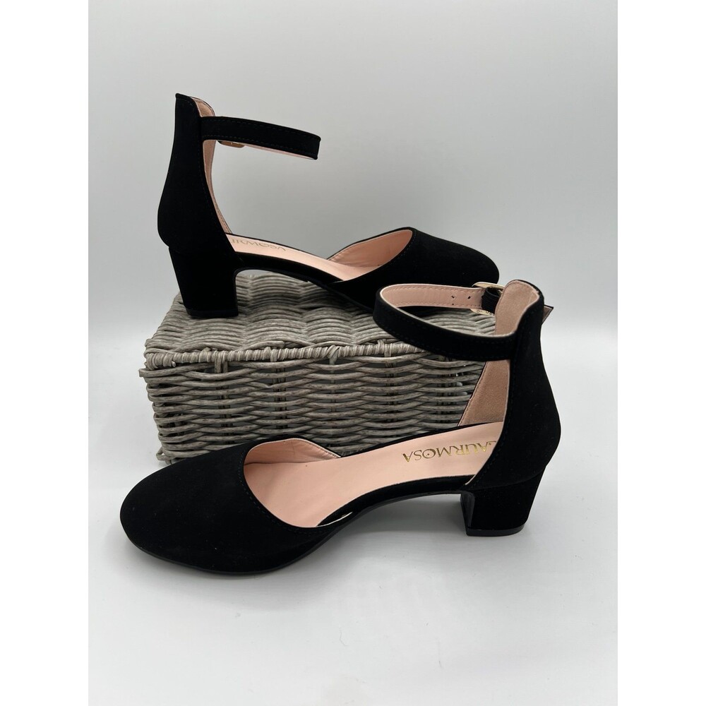 NEW Aurmosa Black Suede D'Orsay Ankle Strap Block Heel Pumps Kids Size 3